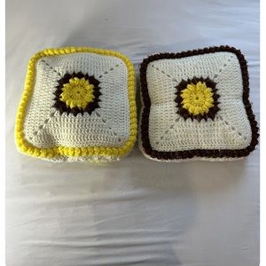 Throw Pillow Handmade Crochet Yellow Flower Cottage Core 10”x10” Square